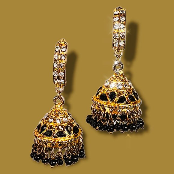Vintage Black Gold Beaded Chandelier Designer Earrings 1960’s - Picture 1 of 8